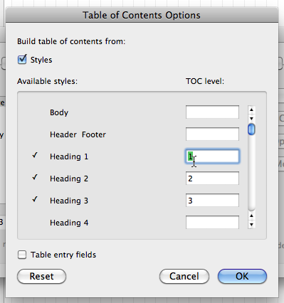 table of contents word. TOC options