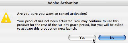Adobe dialog with Yes/No buttons