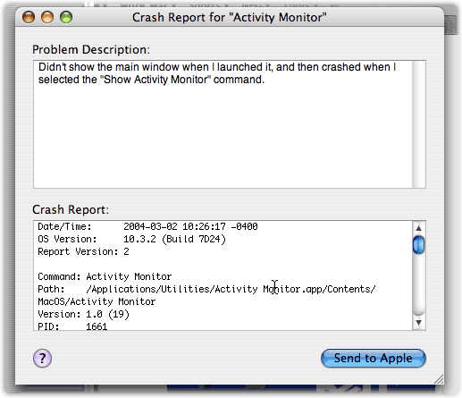 Dialog for crash reports