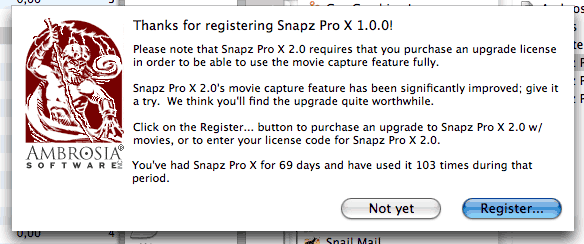 Snapz Pro X 2.0 Upgrade Dialog