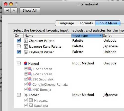 Input methods in System Preferences