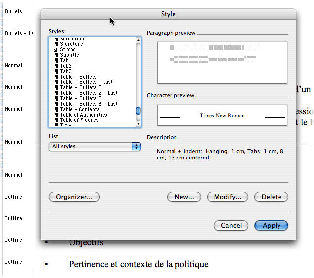 Word's Style dialog box