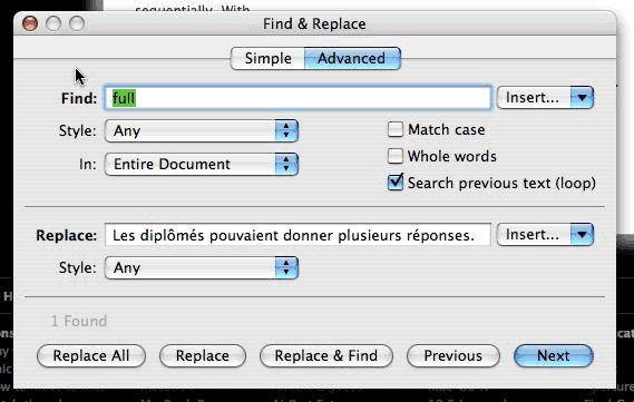 Find-Replace dialog in Pages