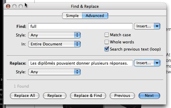 Find-Replace dialog in Pages